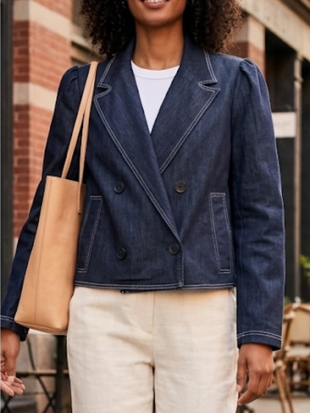 Anthropologie Maeve Dark Rinse Blue Cropped Double-Breasted Denim Blazer NWT